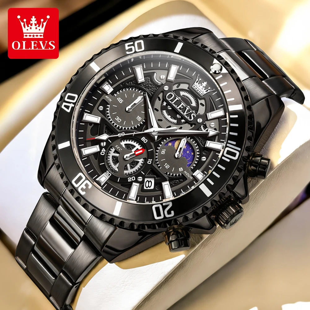 OLEVS Men Skeleton Quartz Watch Chronograph Moon Phase Waterproof Luminous Stainless Steel Sport Wristwatch Casual Clock 2990