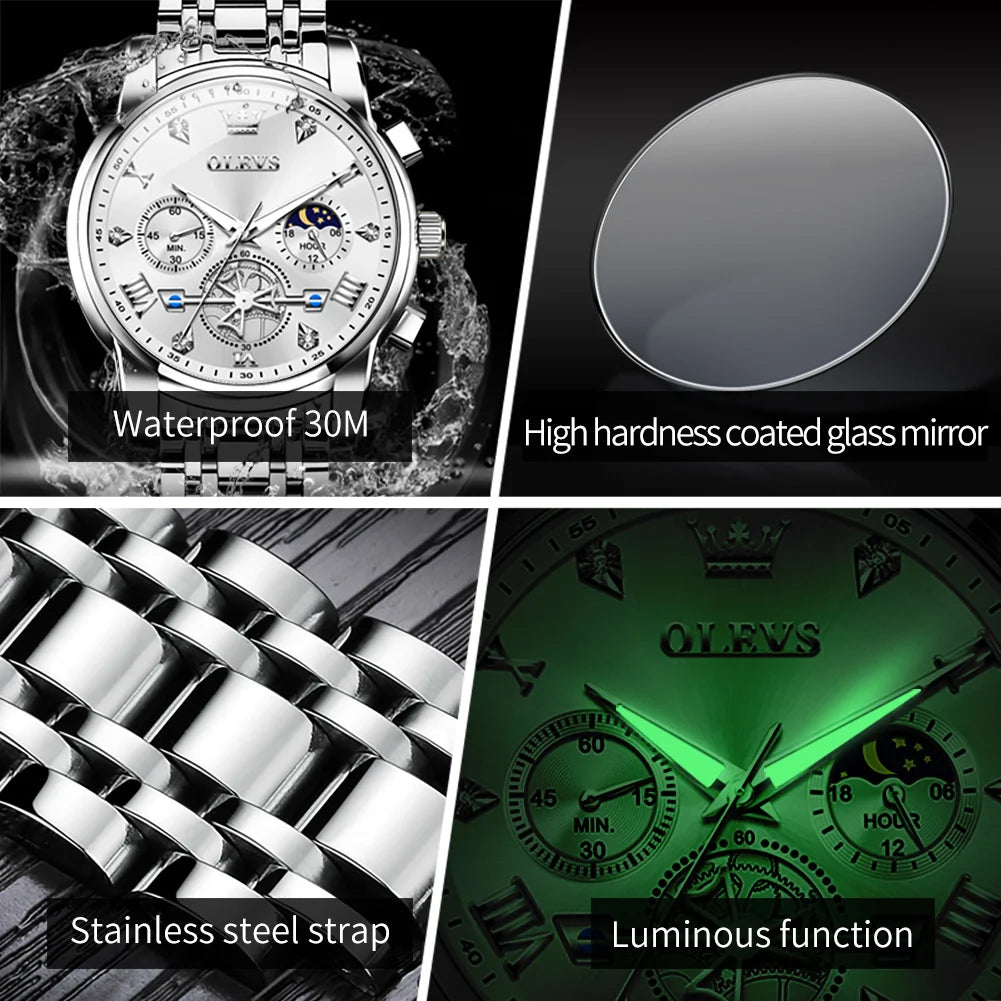 OLEVS 2856 Brand original authentic watches for man luxury Steel belt multifunctional chronograph quartz men's watch Gift Box