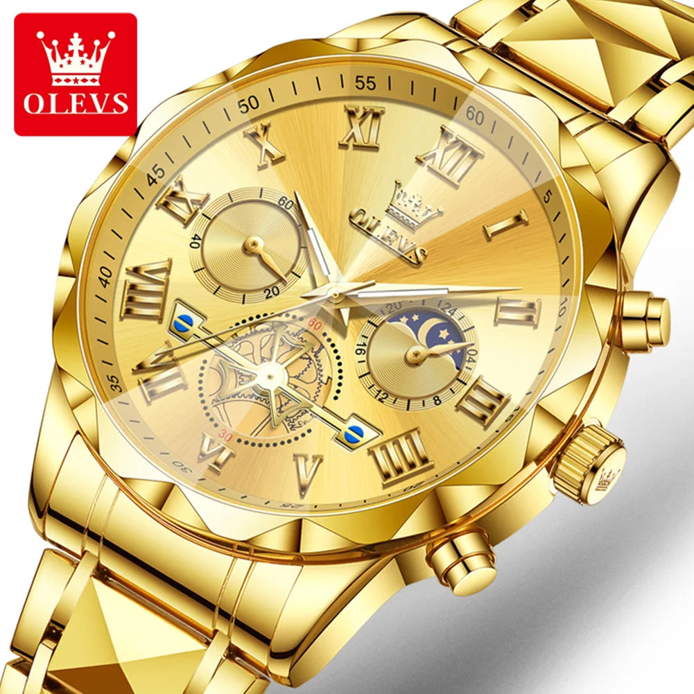 OLEVS 2709 Men's Watches New Luxury Original Skeleton Flywheel Design Moon Phase Chronograph Original Quartz Wrist Watch for Man
