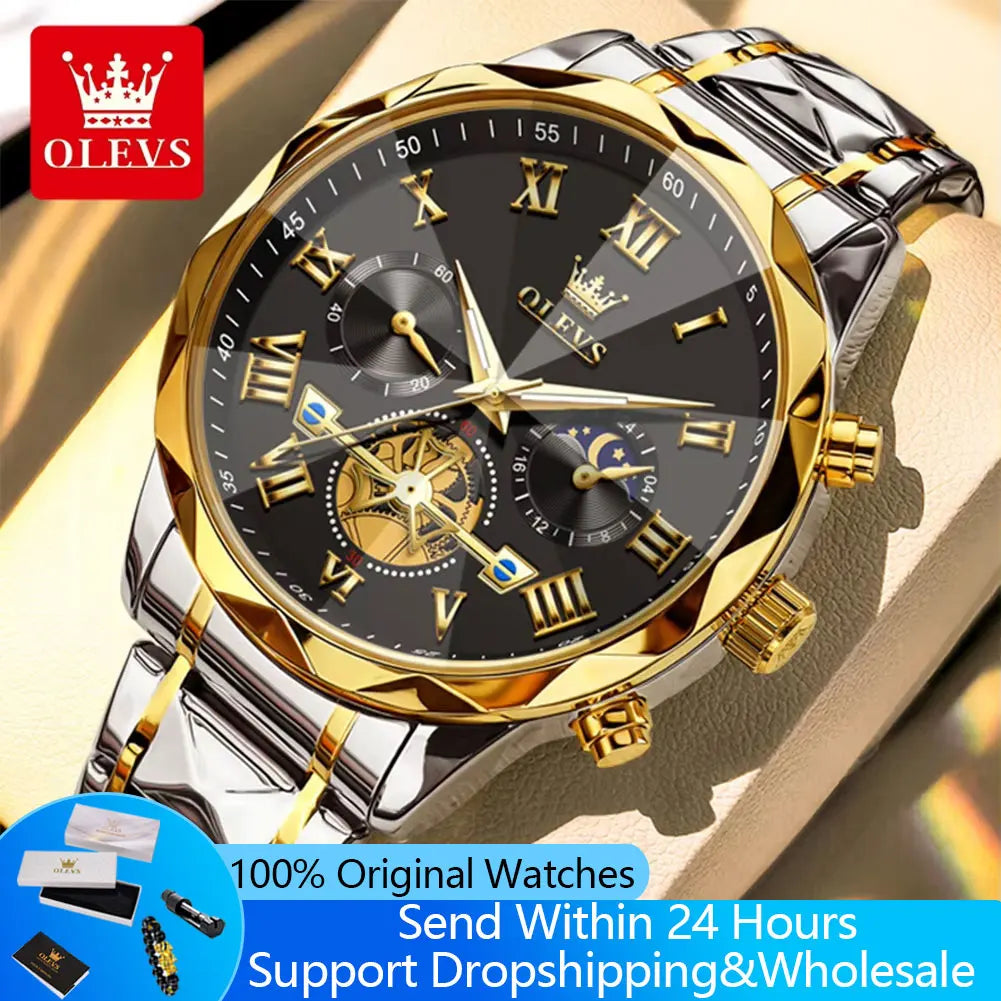 OLEVS 2709 Men's Watches New Luxury Original Skeleton Flywheel Design Moon Phase Chronograph Original Quartz Wrist Watch for Man