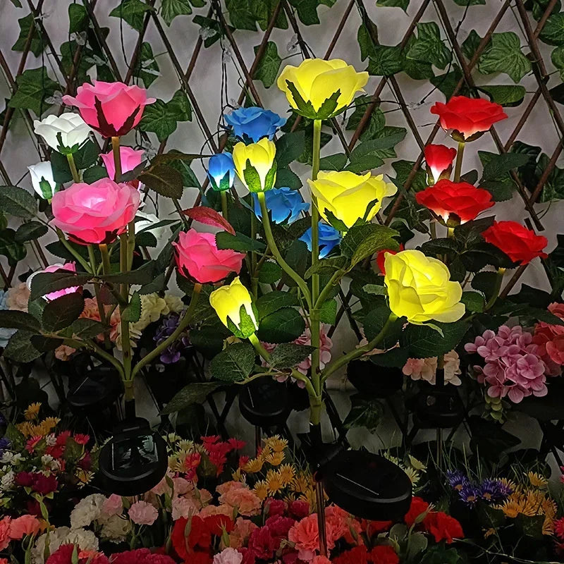 LED Artificial Rose Flower Ground Light Holiday Garden Summer Wedding Party Outdoor Courtyard Patio Decoration Solar Lawn Lamp
