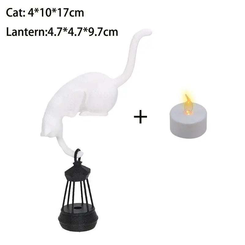 Cat Shelf lamp Hook With Lantern Figurine Statue Home Bedroom Desk Ornament Decoration Night Light
