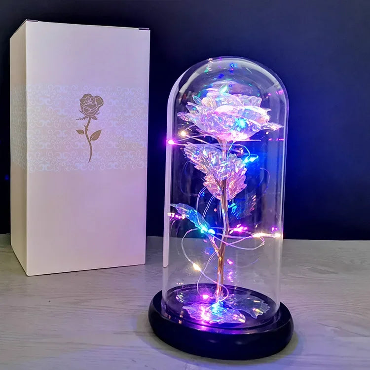 LED Night Light Transparent Permanent Flower Glass Cover Foil Artificial Flower Valentine's Day Gift Creative Ornaments