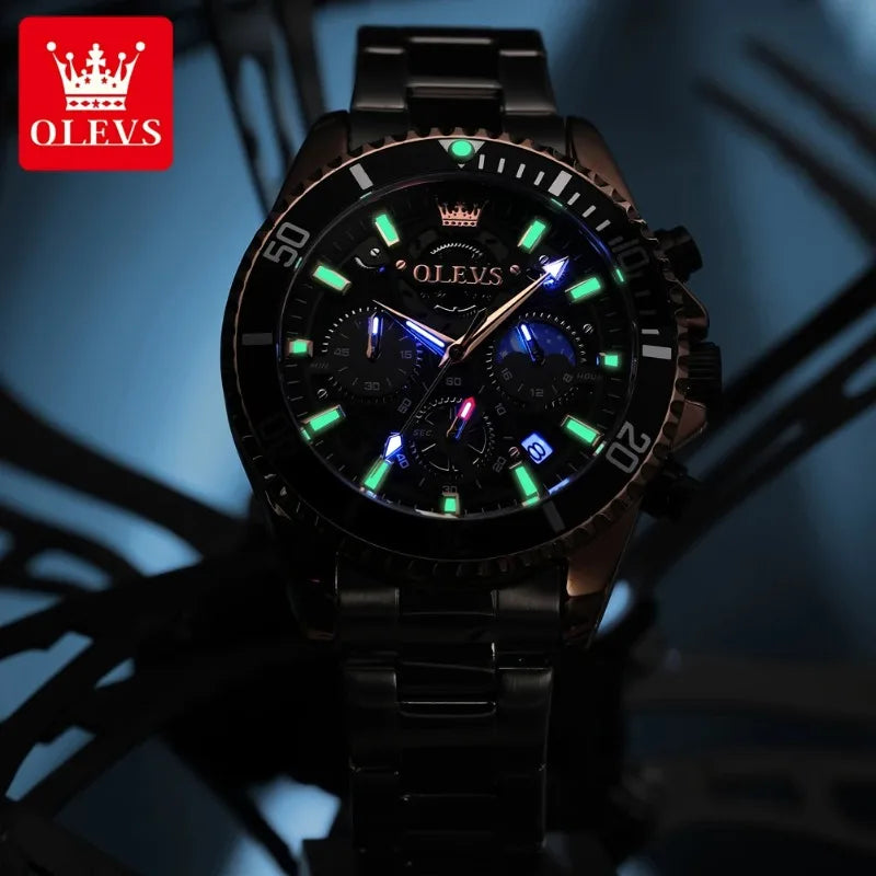 OLEVS Men Skeleton Quartz Watch Chronograph Moon Phase Waterproof Luminous Stainless Steel Sport Wristwatch Casual Clock 2990