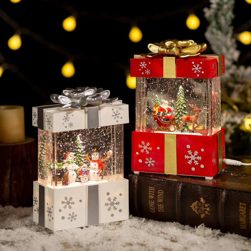 Christmas Music Gift Box Home Decoration Popcorn Scene Village Rotating Santa Statue Christmas Desktop Decor Xmas Kid Child Gift