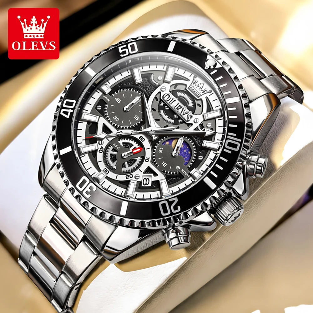 OLEVS Men Skeleton Quartz Watch Chronograph Moon Phase Waterproof Luminous Stainless Steel Sport Wristwatch Casual Clock 2990