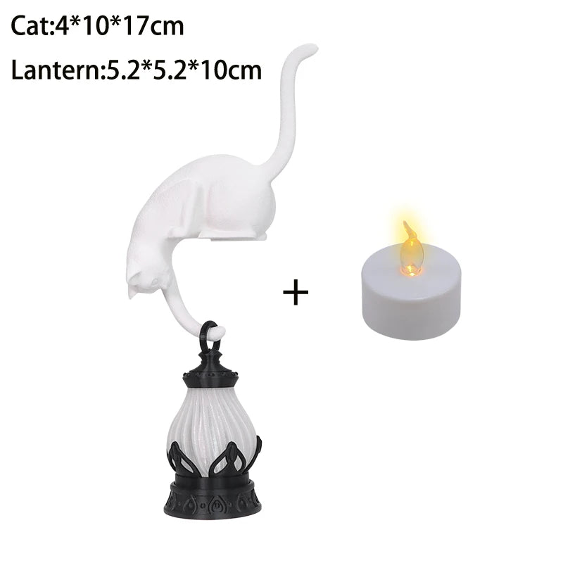 Cat Shelf Hook with Lantern Figurine Statue Home Bedroom Desk Ornament Decoration Night Light