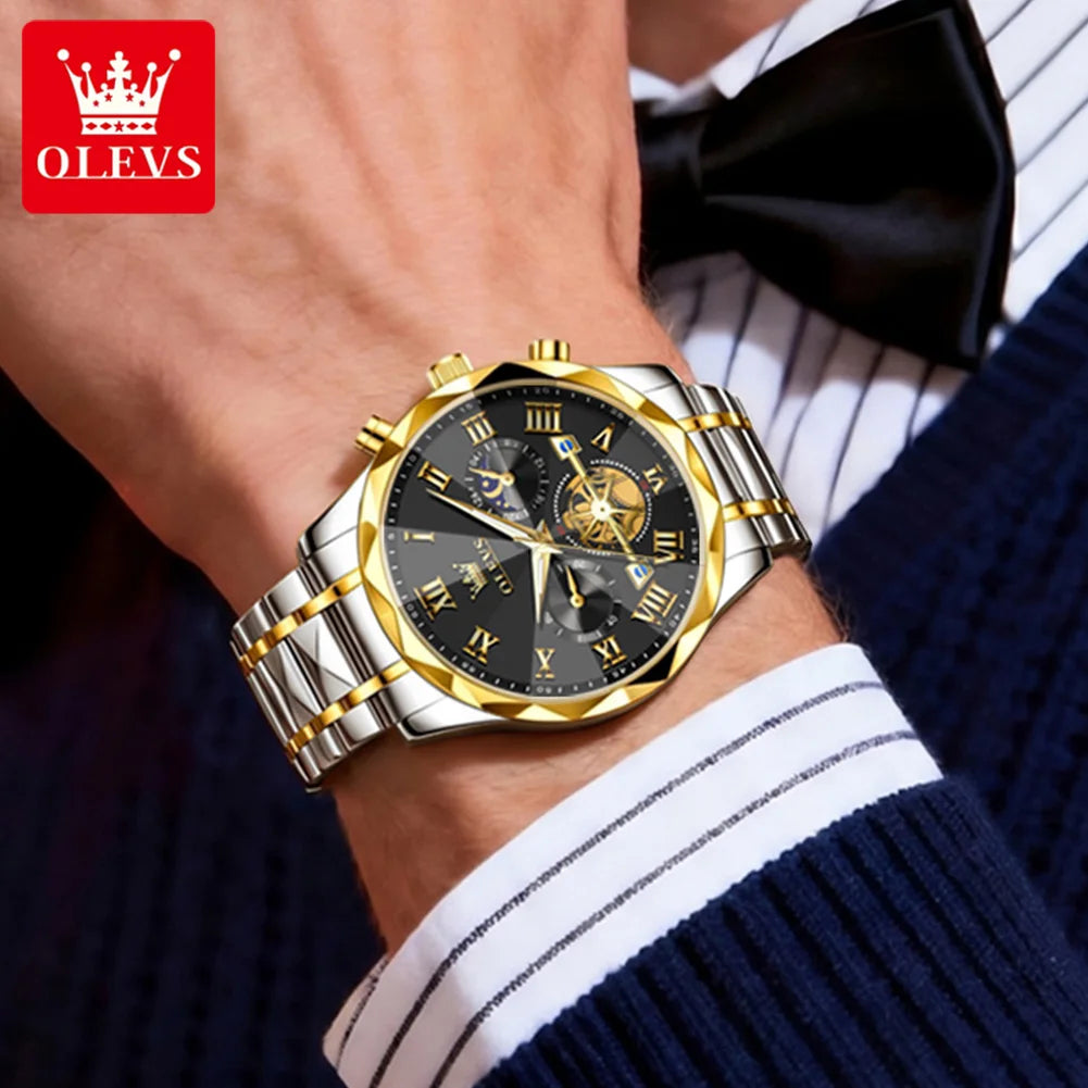 OLEVS 2709 Men's Watches New Luxury Original Skeleton Flywheel Design Moon Phase Chronograph Original Quartz Wrist Watch for Man