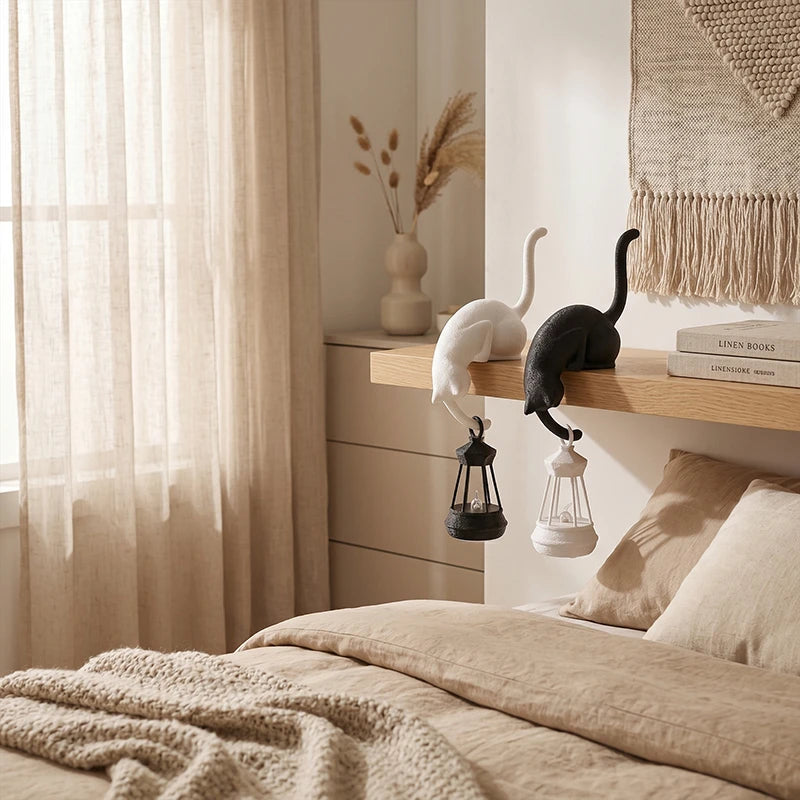 Cat Shelf Hook with Lantern Figurine Statue Home Bedroom Desk Ornament Decoration Night Light