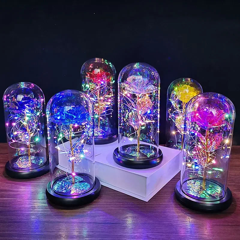 LED Night Light Transparent Permanent Flower Glass Cover Foil Artificial Flower Valentine's Day Gift Creative Ornaments
