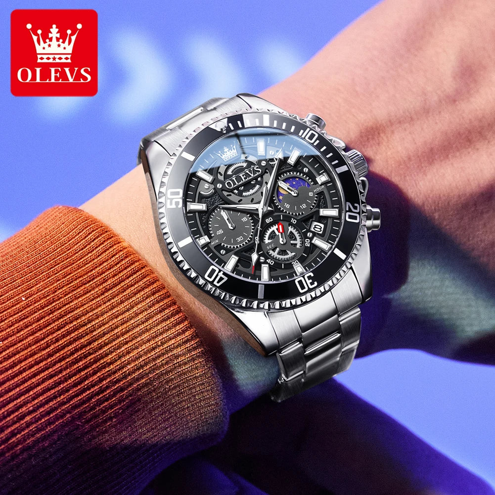 OLEVS Men Skeleton Quartz Watch Chronograph Moon Phase Waterproof Luminous Stainless Steel Sport Wristwatch Casual Clock 2990