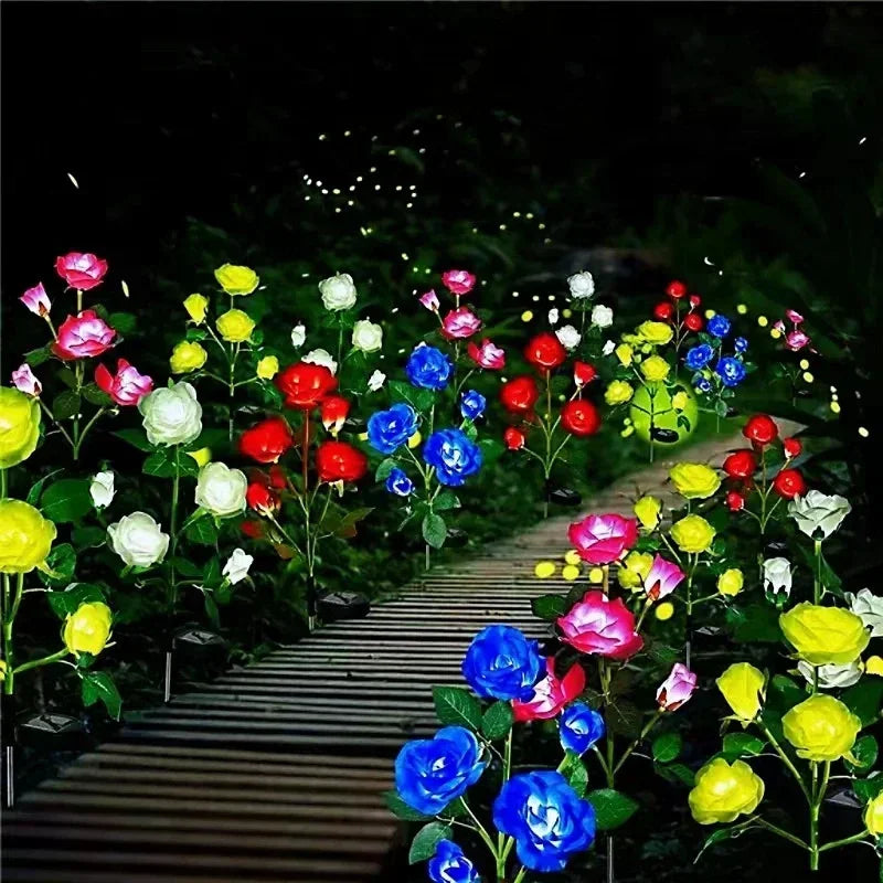 LED Artificial Rose Flower Ground Light Holiday Garden Summer Wedding Party Outdoor Courtyard Patio Decoration Solar Lawn Lamp