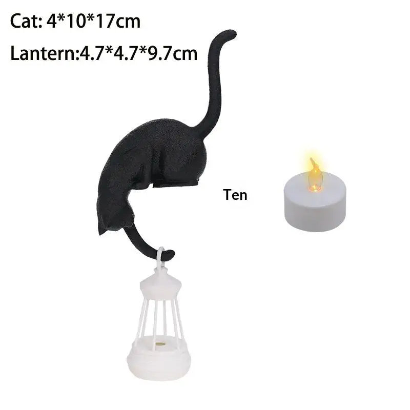 Cat Shelf Hook With Lantern Figurine Statue Home Bedroom Desk Ornament Decoration Night Light Accessories Gift