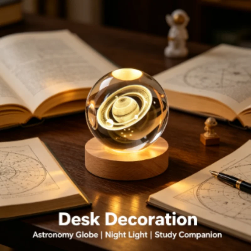 3D Crystal Ball Night Light Lamp - Laser Engraved Solar System Globe, Astronomy Planet, Birthday Gift, Home Desktop Decoration