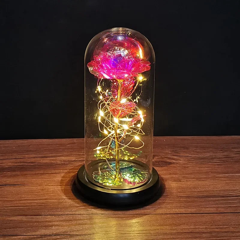 LED Night Light Transparent Permanent Flower Glass Cover Foil Artificial Flower Valentine's Day Gift Creative Ornaments