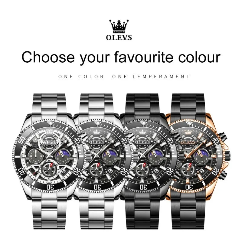 OLEVS Men Skeleton Quartz Watch Chronograph Moon Phase Waterproof Luminous Stainless Steel Sport Wristwatch Casual Clock 2990