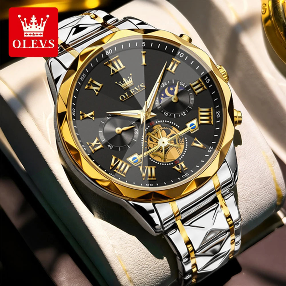 OLEVS 2709 Men's Watches New Luxury Original Skeleton Flywheel Design Moon Phase Chronograph Original Quartz Wrist Watch for Man