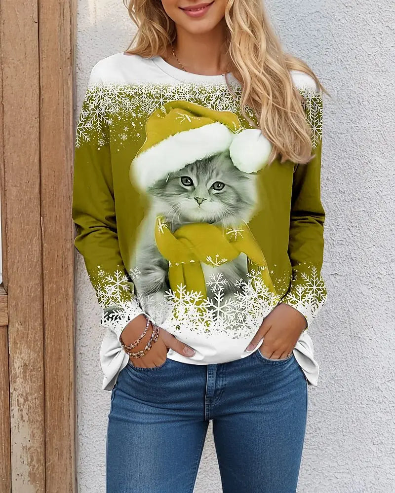 Funny Christmas Cat Pattern Women T-Shirts Long Sleeve Christmas Snowflakes 3D Printed Street Ladies Men Plus Size Casual Tops