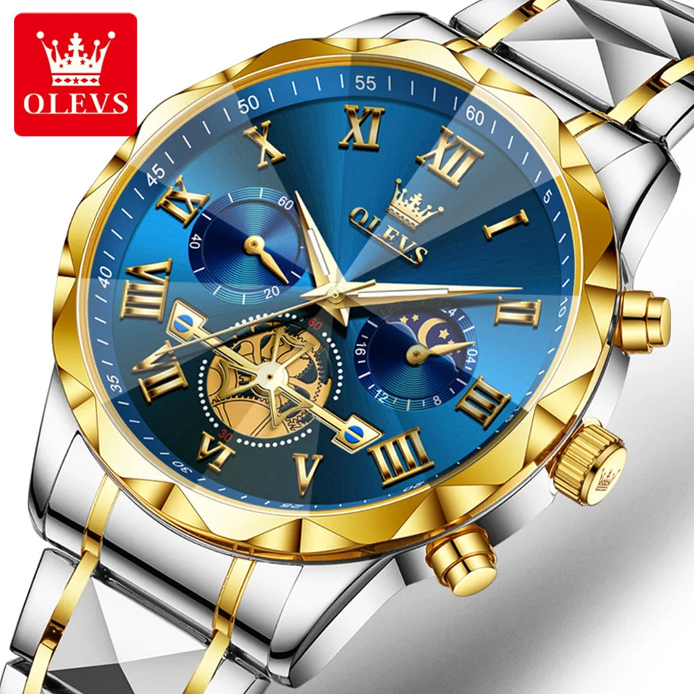 OLEVS 2709 Men's Watches New Luxury Original Skeleton Flywheel Design Moon Phase Chronograph Original Quartz Wrist Watch for Man