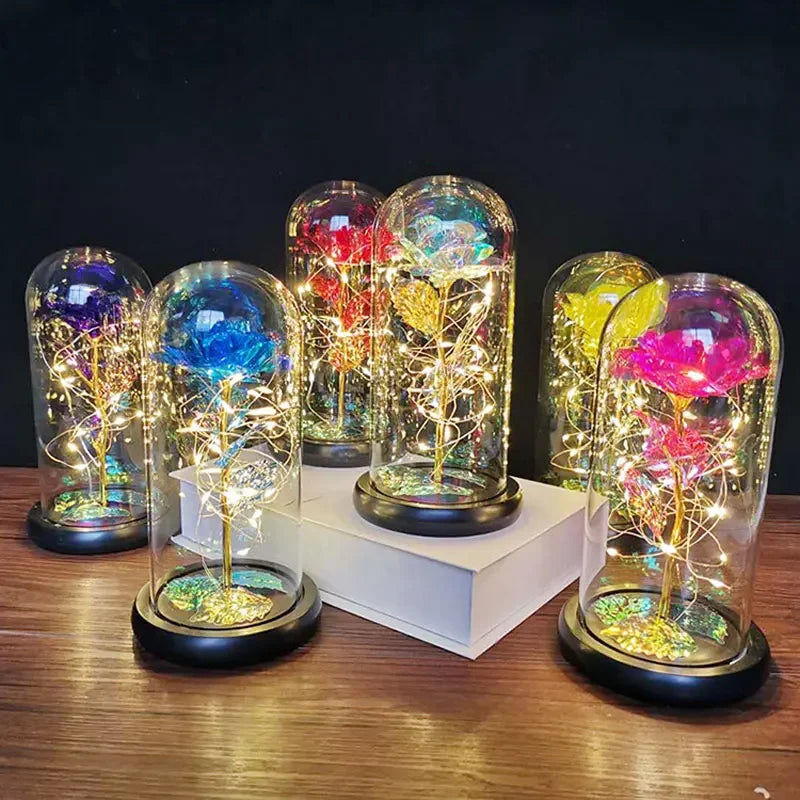LED Night Light Transparent Permanent Flower Glass Cover Foil Artificial Flower Valentine's Day Gift Creative Ornaments