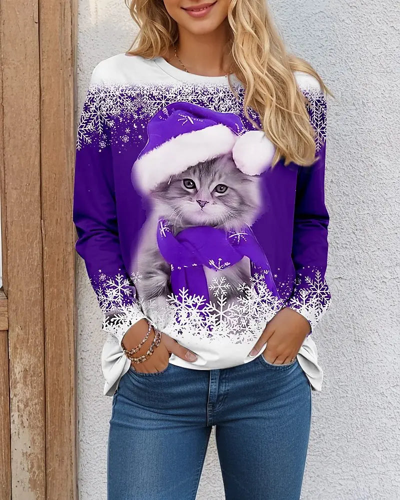 Funny Christmas Cat Pattern Women T-Shirts Long Sleeve Christmas Snowflakes 3D Printed Street Ladies Men Plus Size Casual Tops