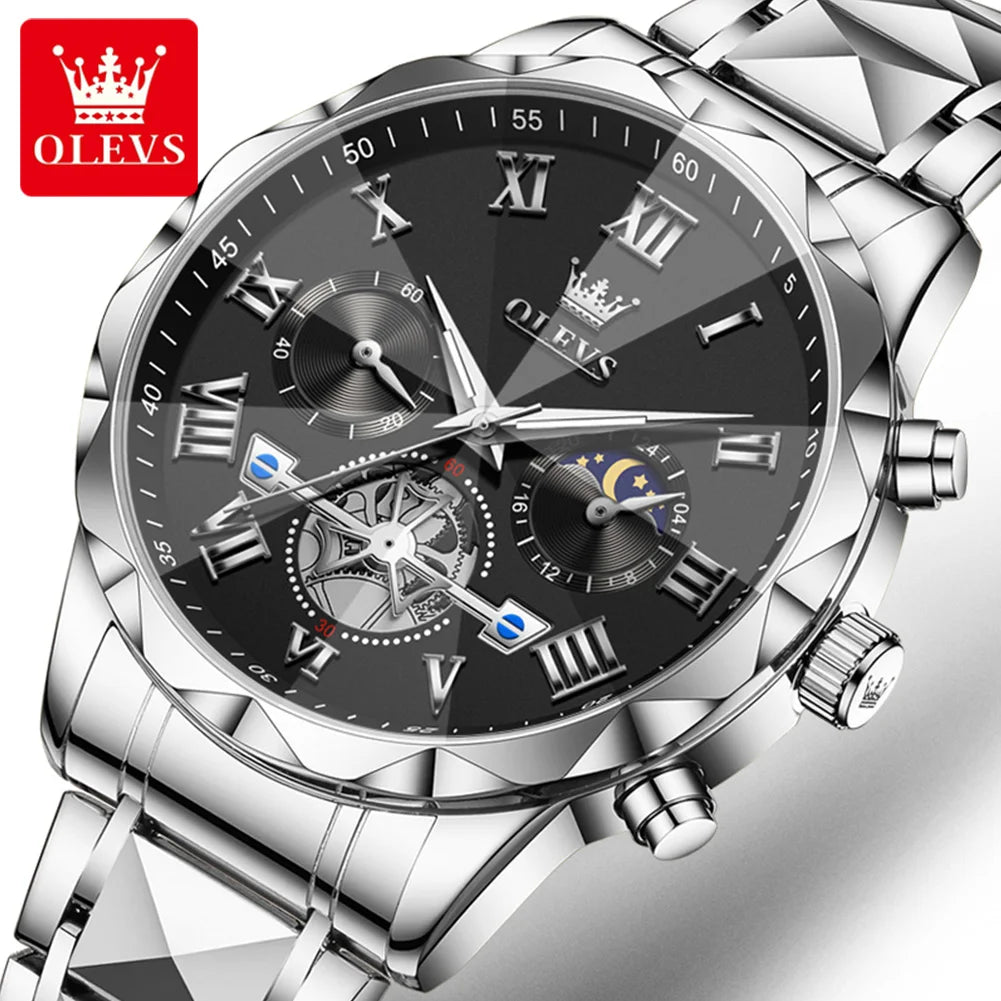 OLEVS 2709 Men's Watches New Luxury Original Skeleton Flywheel Design Moon Phase Chronograph Original Quartz Wrist Watch for Man