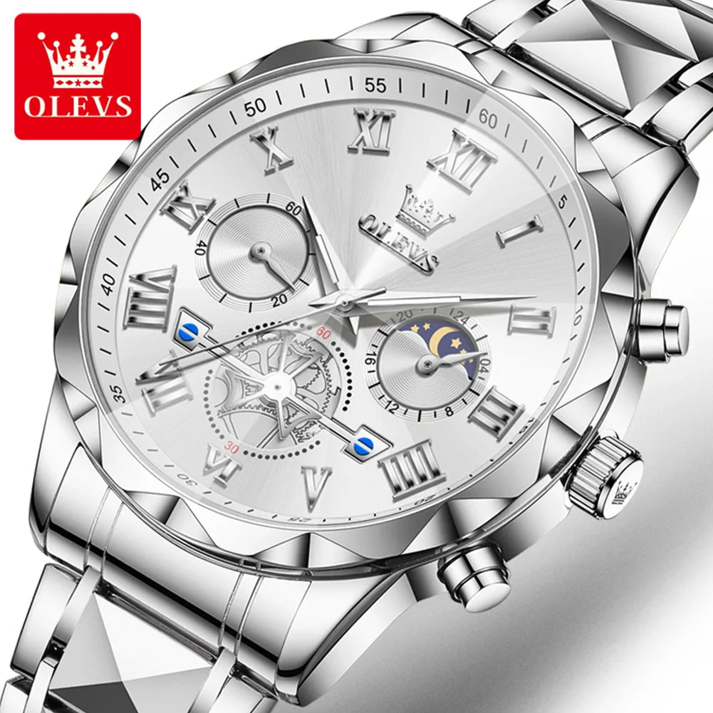OLEVS 2709 Men's Watches New Luxury Original Skeleton Flywheel Design Moon Phase Chronograph Original Quartz Wrist Watch for Man