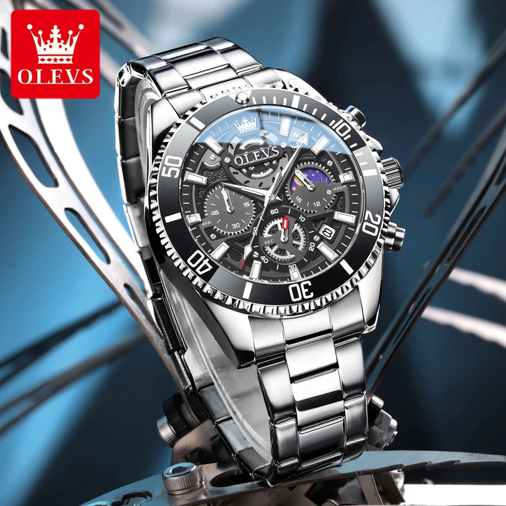 OLEVS Men Skeleton Quartz Watch Chronograph Moon Phase Waterproof Luminous Stainless Steel Sport Wristwatch Casual Clock 2990