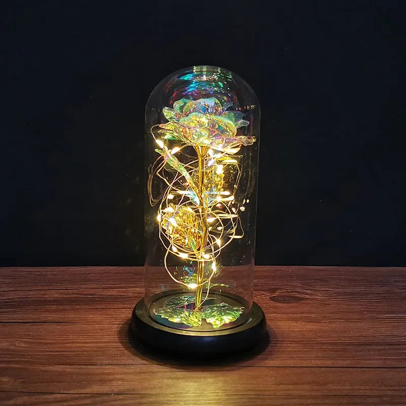 LED Night Light Transparent Permanent Flower Glass Cover Foil Artificial Flower Valentine's Day Gift Creative Ornaments