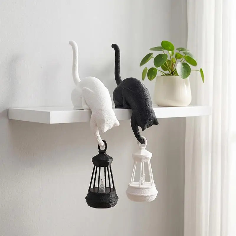 Cat Shelf Hook With Lantern Figurine Statue Home Bedroom Desk Ornament Decoration Night Light