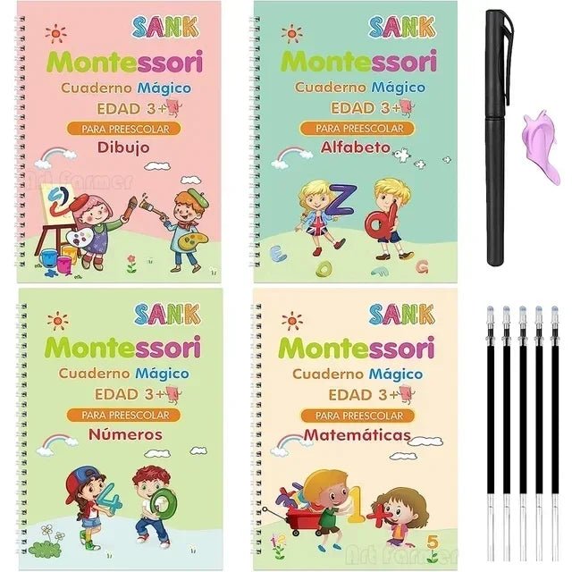 4 Books Montessori SANK English Magic Copybook Reusable Writing Practice 3D Calligraphy Book Wipe-free Education Books