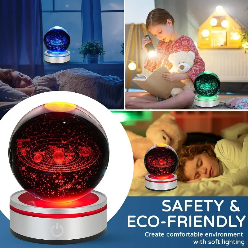 3D Crystal Ball Night Light Solar System LED Colorful Lighting Touch Base Galaxy Planets Lamp for Bedroom Decoration Astronomy