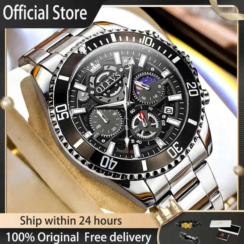 OLEVS Men Skeleton Quartz Watch Chronograph Moon Phase Waterproof Luminous Stainless Steel Sport Wristwatch Casual Clock 2990