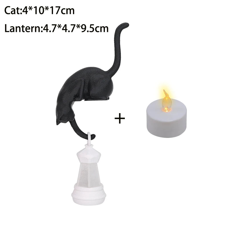 Cat Shelf Hook with Lantern Figurine Statue Home Bedroom Desk Ornament Decoration Night Light
