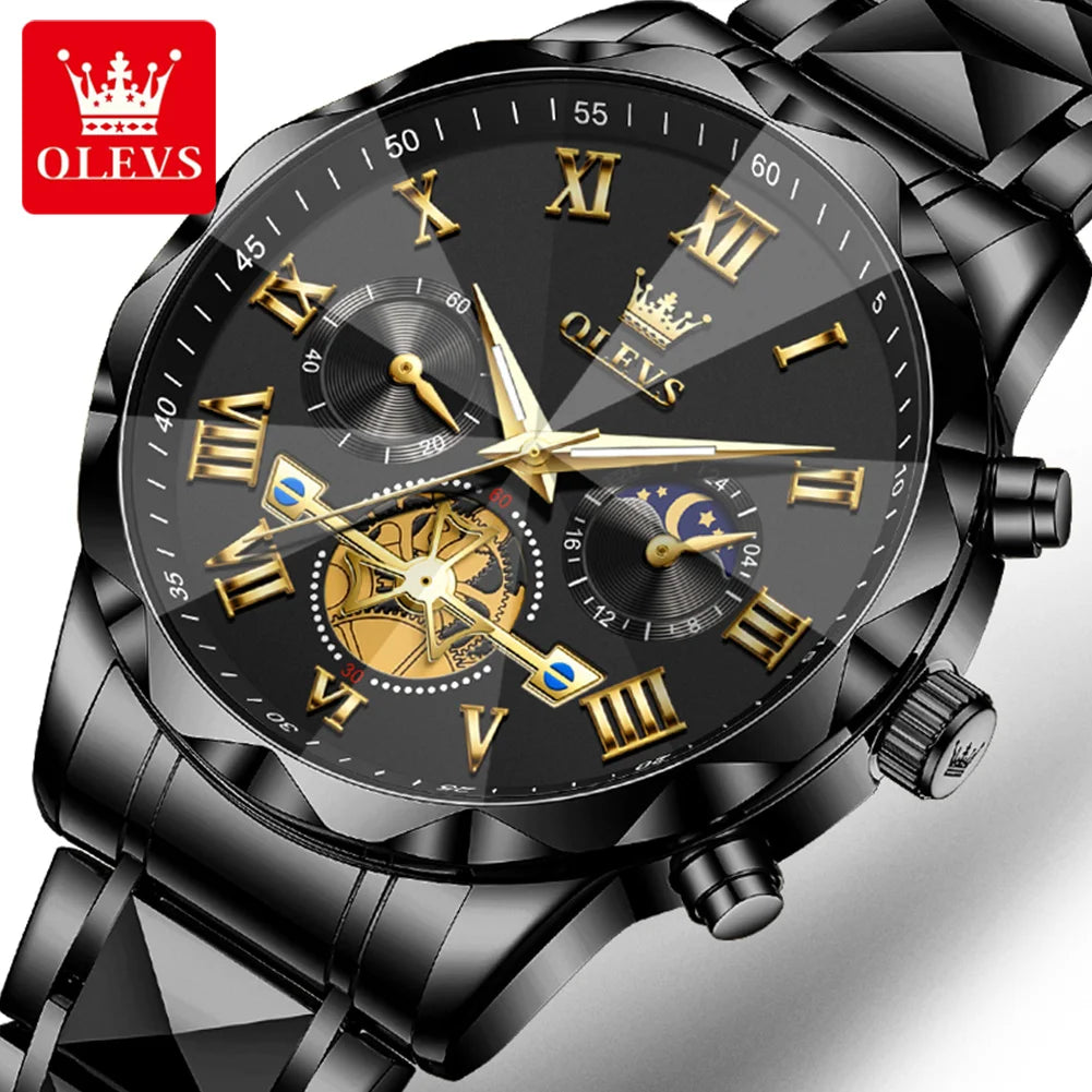 OLEVS 2709 Men's Watches New Luxury Original Skeleton Flywheel Design Moon Phase Chronograph Original Quartz Wrist Watch for Man