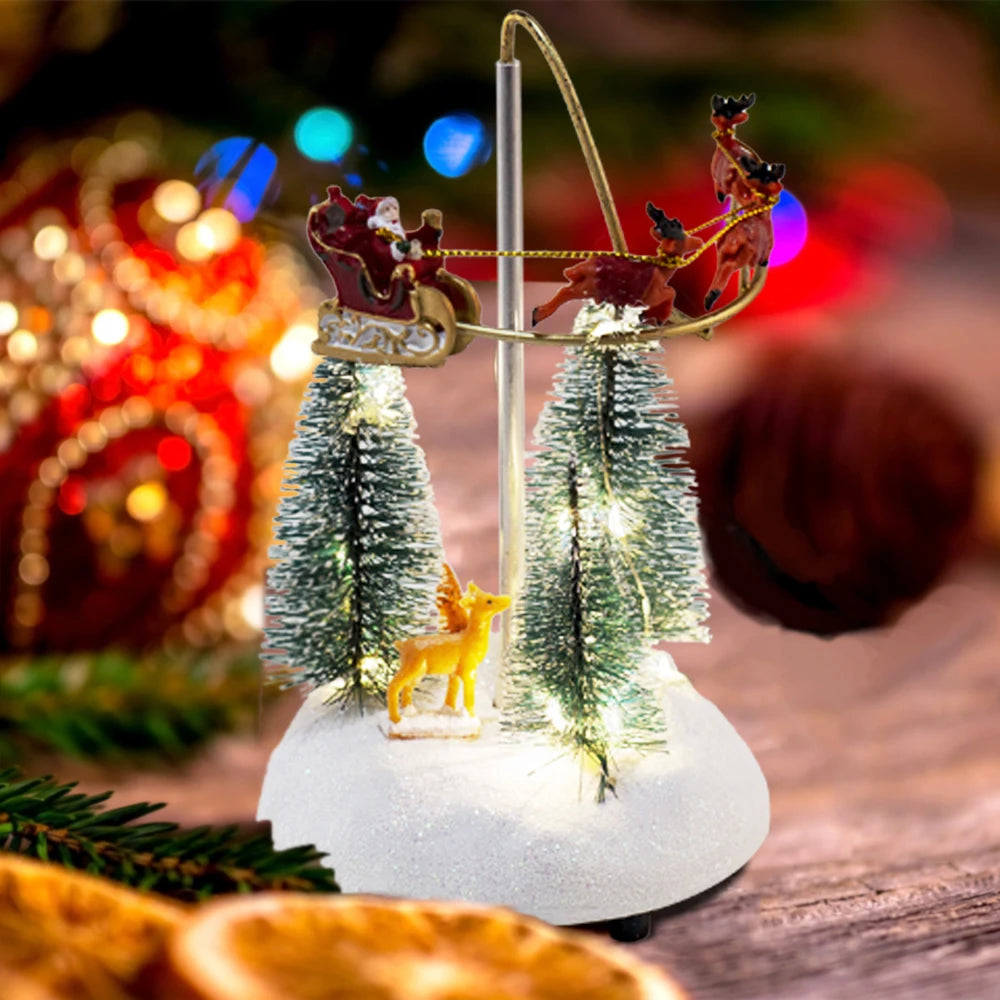 Animated Christmas Village Flying Sleigh with Rotating Santa Figurines Musical Light-Up Holiday Decorations Accessory