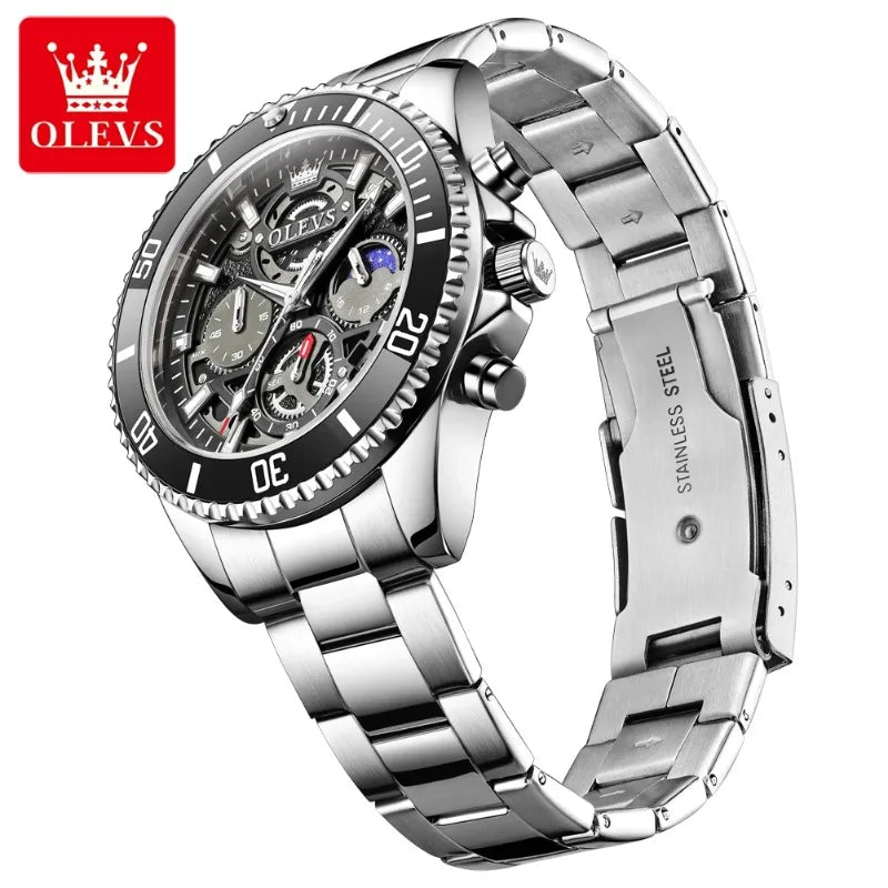 OLEVS Men Skeleton Quartz Watch Chronograph Moon Phase Waterproof Luminous Stainless Steel Sport Wristwatch Casual Clock 2990