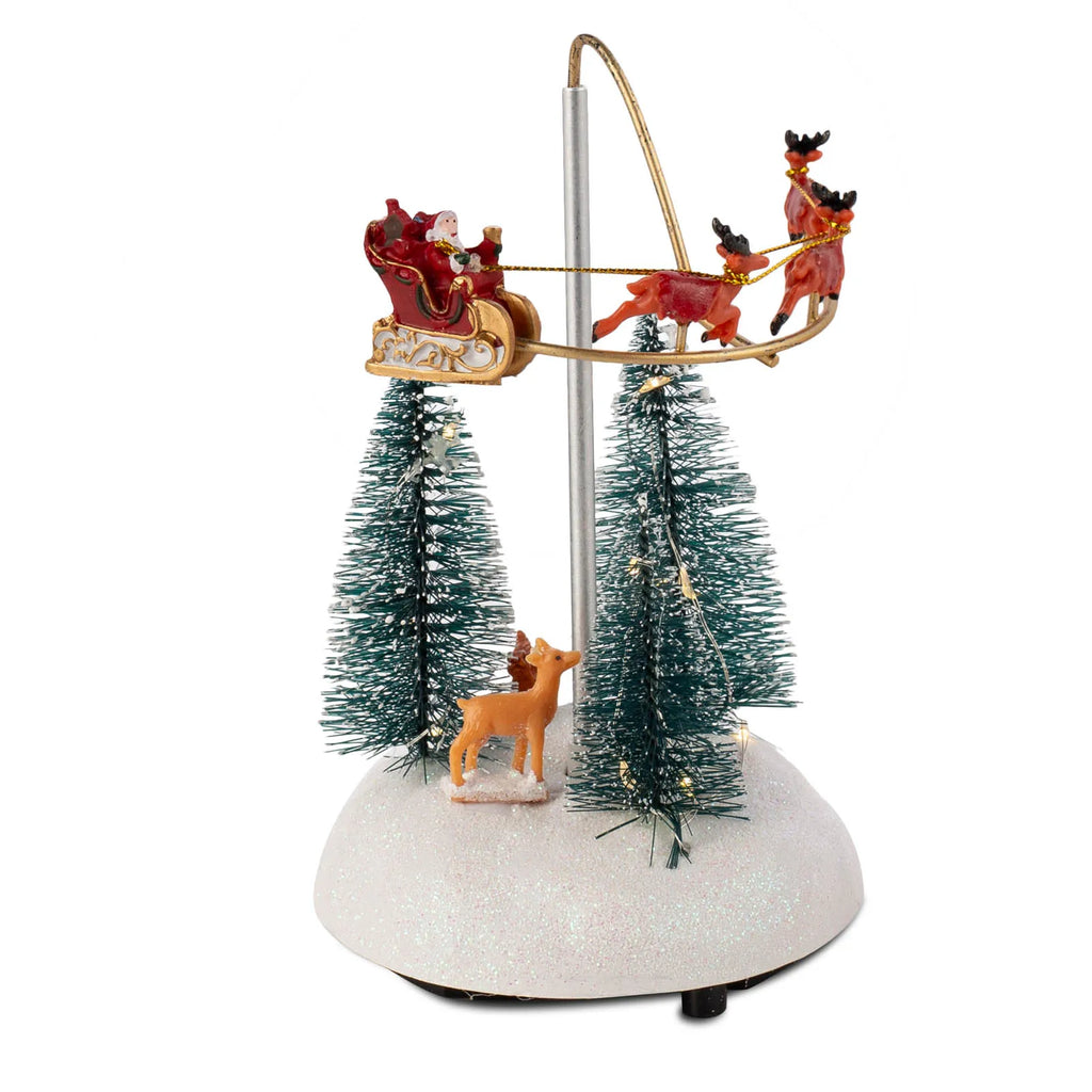 Animated Christmas Village Flying Sleigh with Rotating Santa Figurines Musical Light-Up Holiday Decorations Accessory