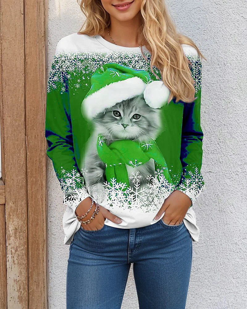 Funny Christmas Cat Pattern Women T-Shirts Long Sleeve Christmas Snowflakes 3D Printed Street Ladies Men Plus Size Casual Tops