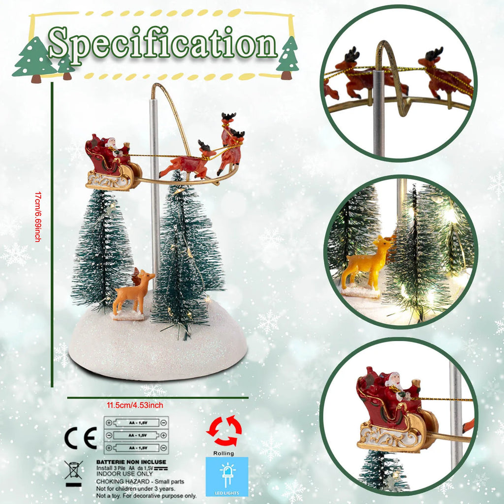 Animated Christmas Village Flying Sleigh with Rotating Santa Figurines Musical Light-Up Holiday Decorations Accessory