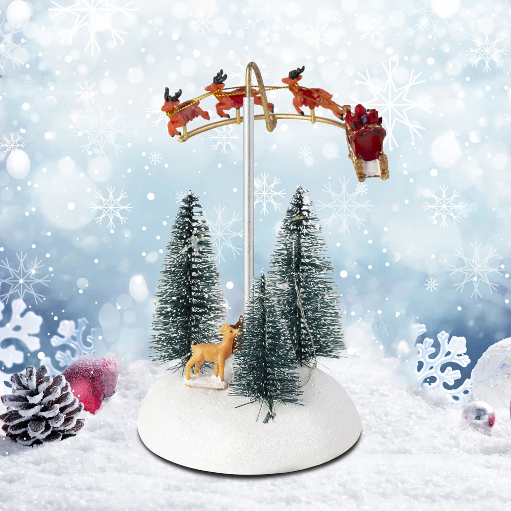 Animated Christmas Village Flying Sleigh with Rotating Santa Figurines Musical Light-Up Holiday Decorations Accessory