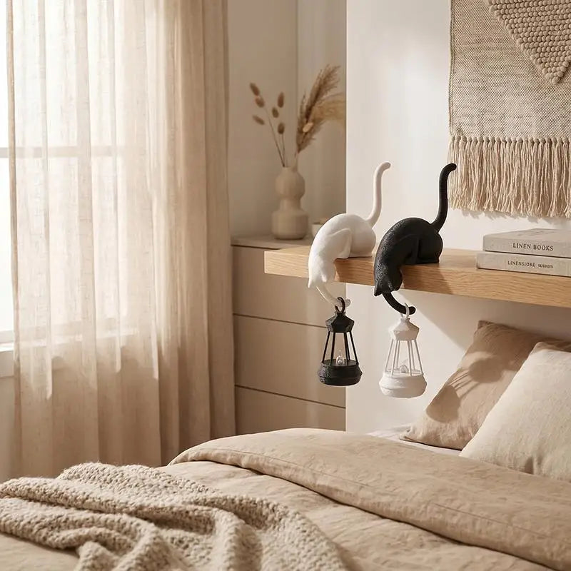 Cat Shelf Hook With Lantern Figurine Statue Home Bedroom Desk Ornament Decoration Night Light