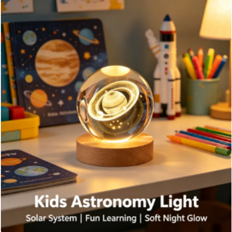 3D Crystal Ball Night Light Lamp - Laser Engraved Solar System Globe, Astronomy Planet, Birthday Gift, Home Desktop Decoration