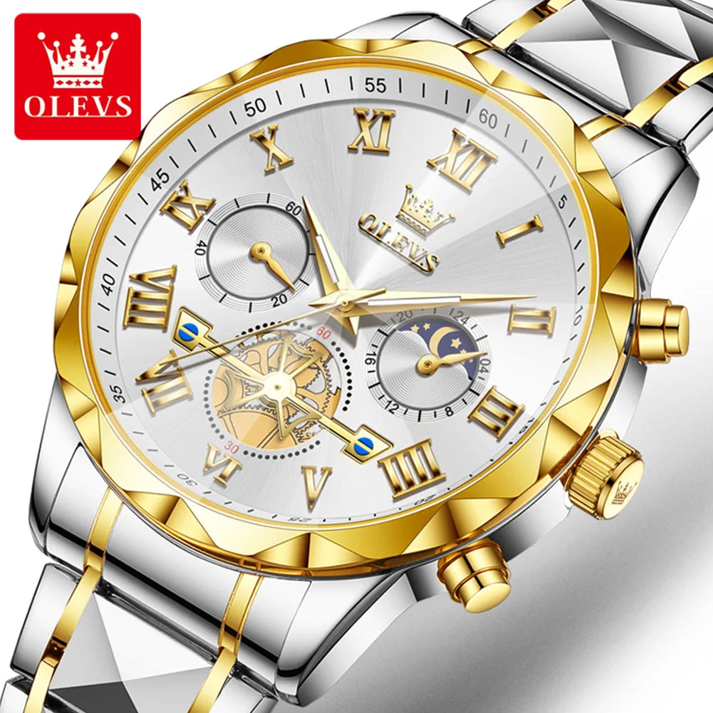 OLEVS 2709 Men's Watches New Luxury Original Skeleton Flywheel Design Moon Phase Chronograph Original Quartz Wrist Watch for Man