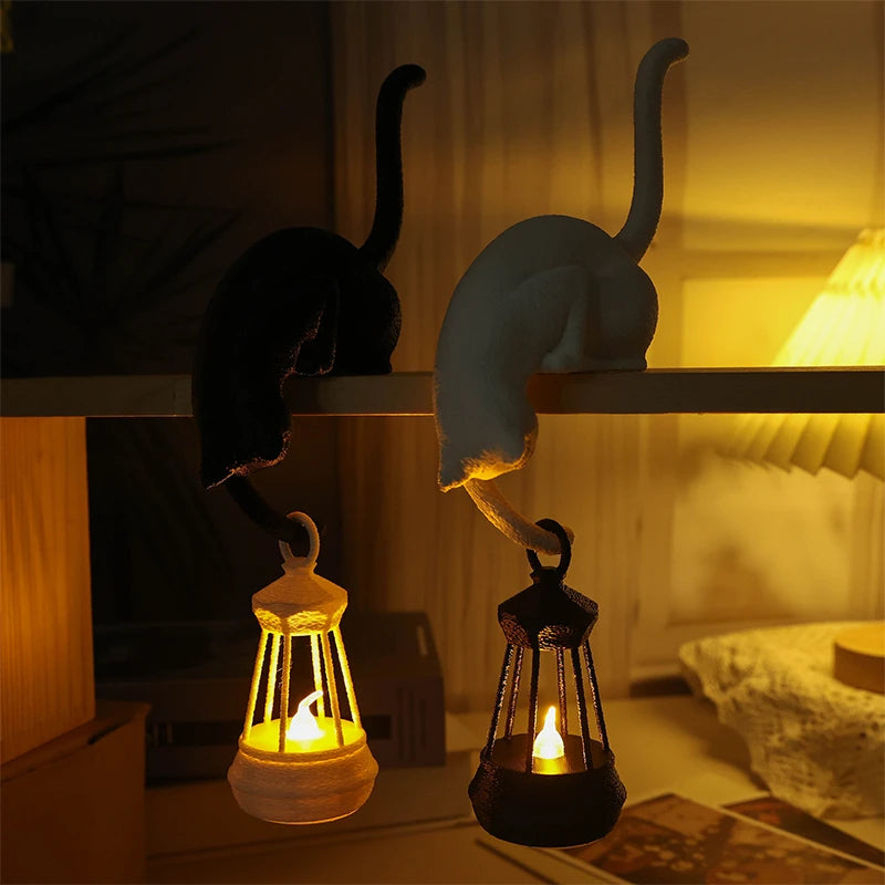 Cat Shelf Hook with Lantern Figurine Statue Home Bedroom Desk Ornament Decoration Night Light