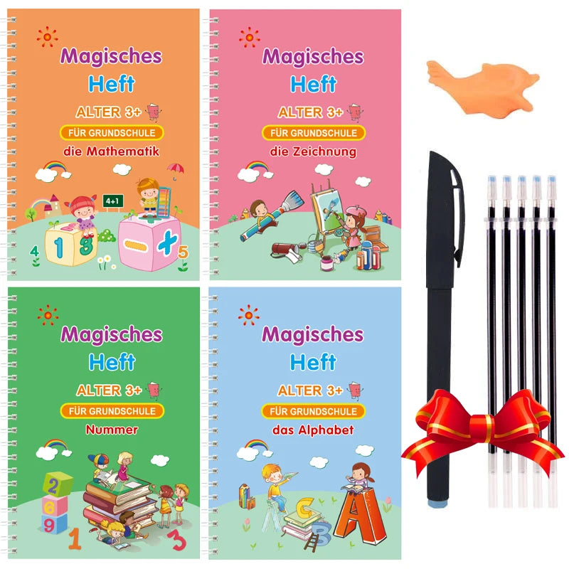 4 Books/set English Sank Magic Practice Copybook French Number Tracing Book German Calligraphy Spanish Reusable Writing Tool