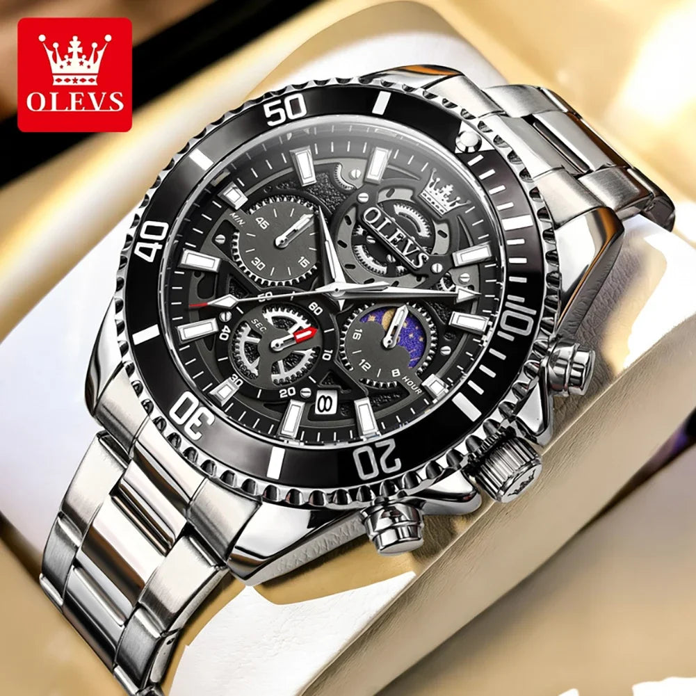 OLEVS Men Skeleton Quartz Watch Chronograph Moon Phase Waterproof Luminous Stainless Steel Sport Wristwatch Casual Clock 2990