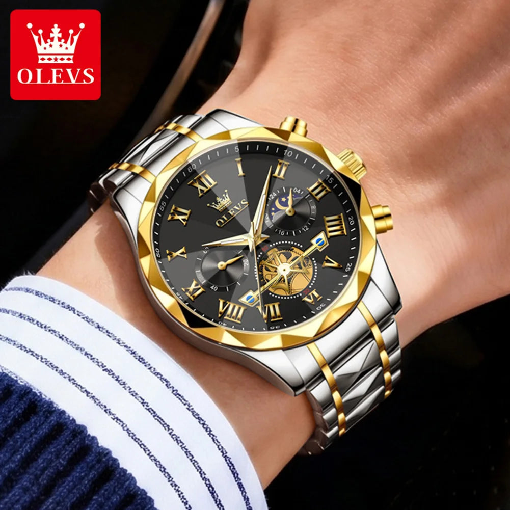 OLEVS 2709 Men's Watches New Luxury Original Skeleton Flywheel Design Moon Phase Chronograph Original Quartz Wrist Watch for Man