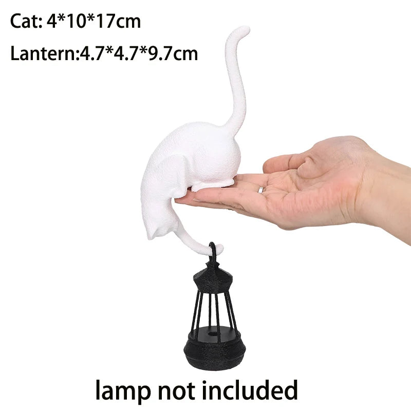 Cat Shelf Hook with Lantern Figurine Statue Home Bedroom Desk Ornament Decoration Night Light