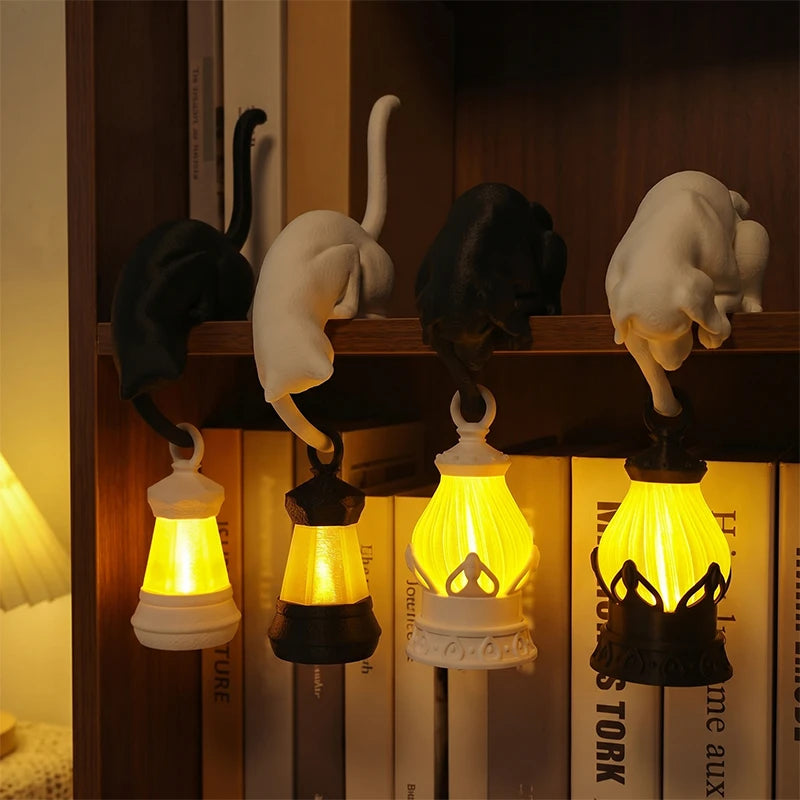 Cat Shelf Hook with Lantern Figurine Statue Home Bedroom Desk Ornament Decoration Night Light